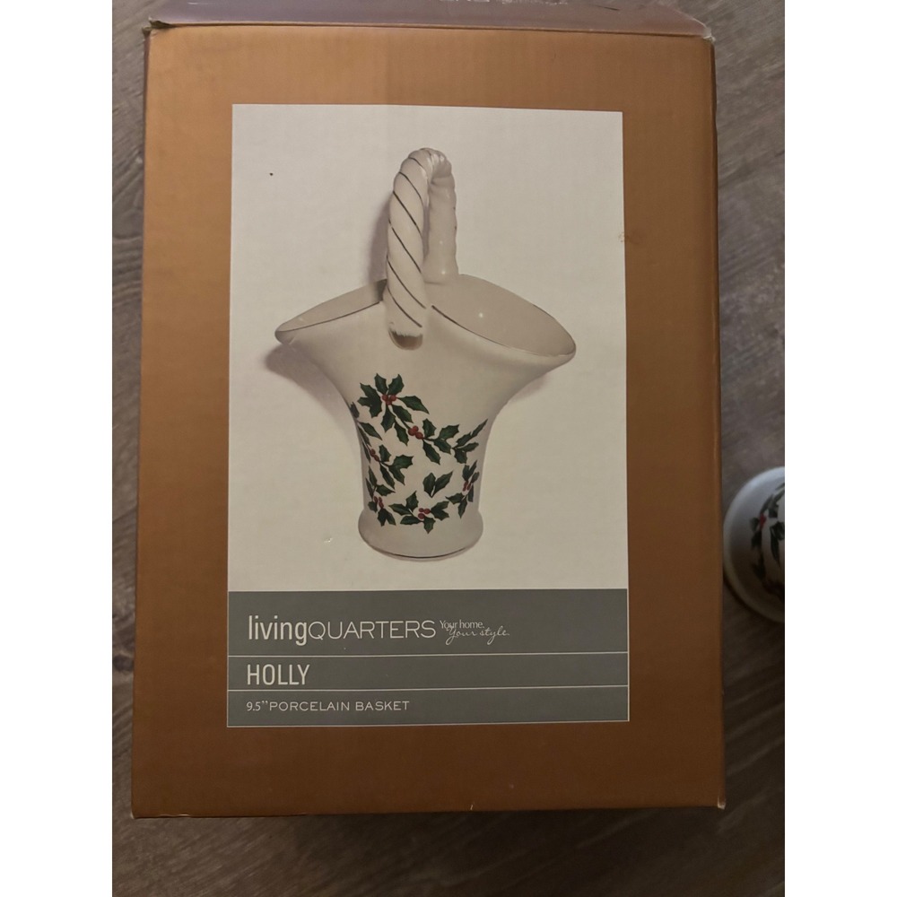Living Quarters Holly 9.5"‎ Porcelain Basket Christmas Decor Floral